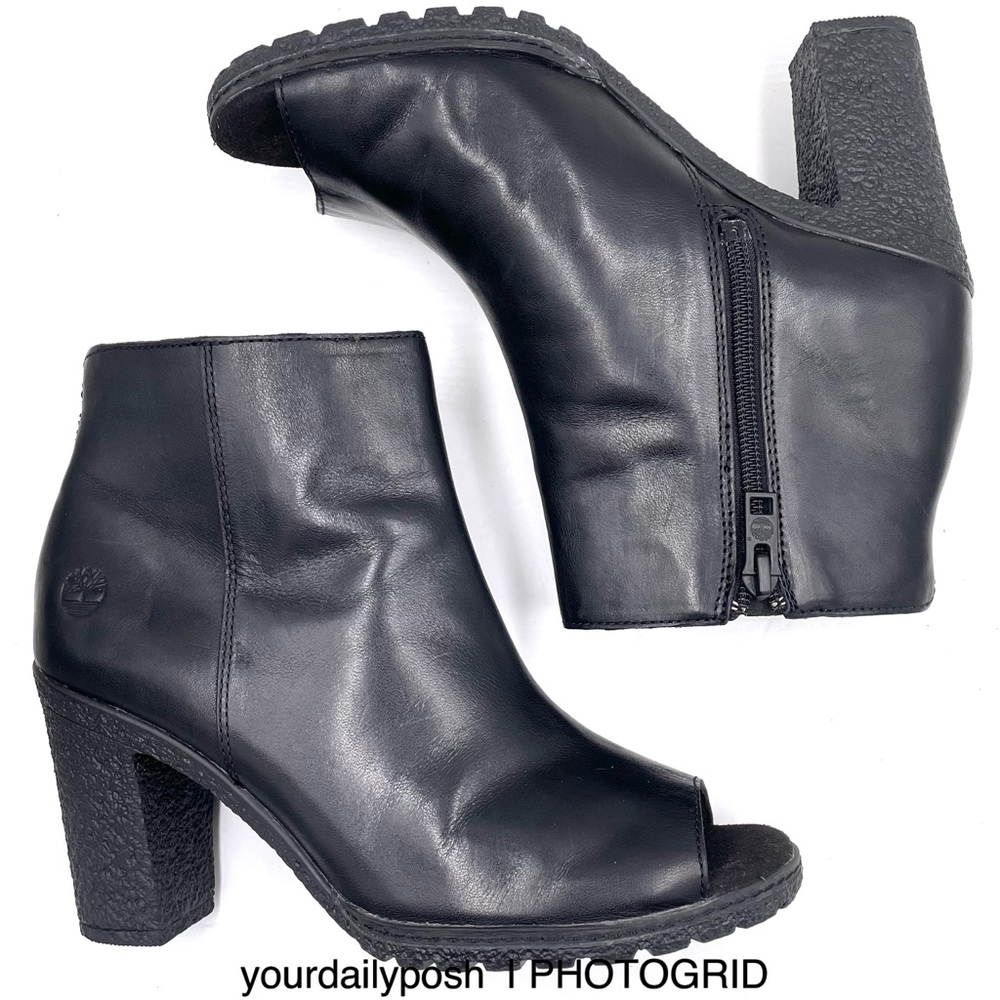 Timberland black leather Tillston open toe heeled ankle booties US size 7.5